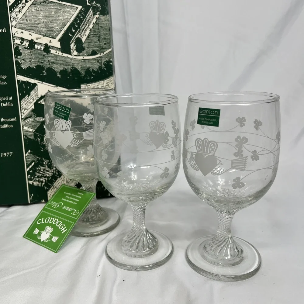 New 6 Eamon Glass‎ Etched Claddagh Shamrocks Twist Stem Wine Goblet Glasses Ire
